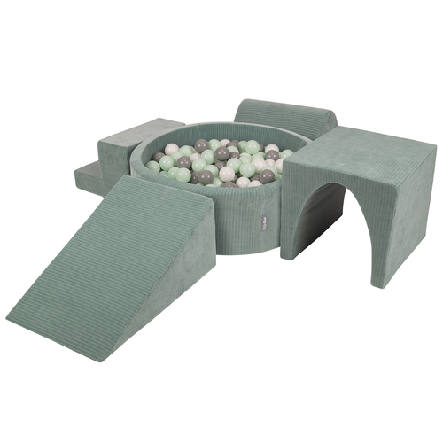 KiddyMoon Foam Playground For Kids Soft Textured Safe Blocks, green: white/grey/mint, Ballpit (300 Balls) + Version 3