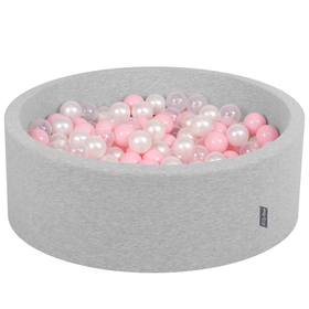 KiddyMoon Baby Foam Ball Pit with Balls ∅ 7cm / 2.75in Made in EU, light grey:light pink/pearl/transparent, 90x30cm/300 balls