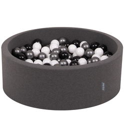 KiddyMoon Baby Foam Ball Pit with Balls ∅ 7cm / 2.75in Made in EU, dark grey:white/black/silver, 90 x 30 cm / 200 Balls