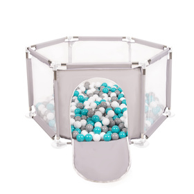 hexagon 6 side play pen with plastic balls, Grey:grey/white/turquoise, 400 balls