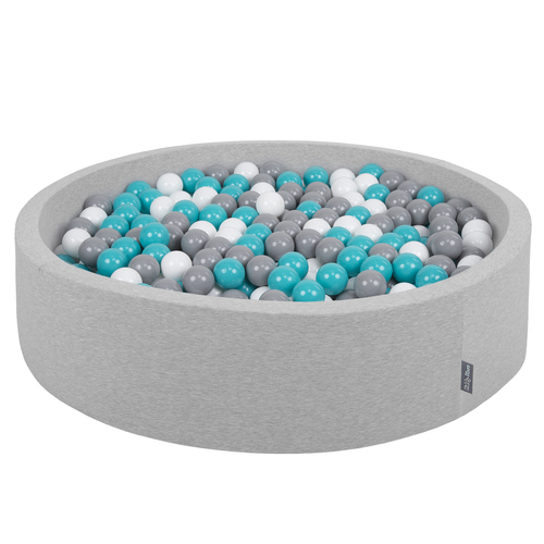 KiddyMoon Soft Ball Pit Round  ∅ 7Cm / 2.75In For Kids, Foam Ball Pool Baby Playballs Children, Made In The EU, light grey:grey-white-turquoise, 120x30cm/600 balls