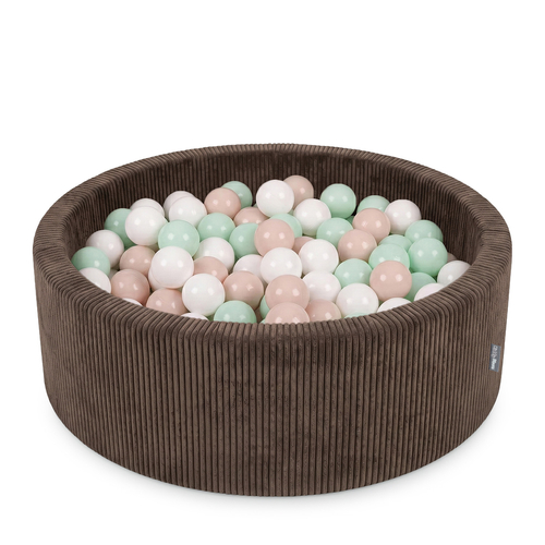 KiddyMoon Ball Pit for Baby and Toddler, Soft Play Ball Pool with ribbed Washable Cover, Brown: Pastel Beige/White/Mint, 90 x 30 cm / 200 Balls