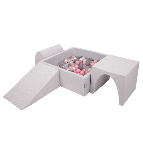 KiddyMoon Foam Playground for Kids with Square Ballpit ( ∅ 7cm/2.75In) Soft Obstacles Course and Ball Pool, Certified Made In The EU, lightgrey:pearl/grey/transparent/powderpink, Ballpit (200 Balls) + Version 2
