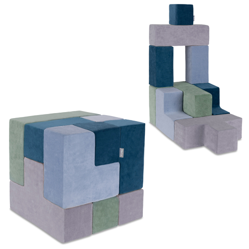 KiddyMoon Soft Foam Cubes with Velvet Cover Building Blocks for Children, laguna blue-forest green-ice blue-grey mountains, 9 Pieces