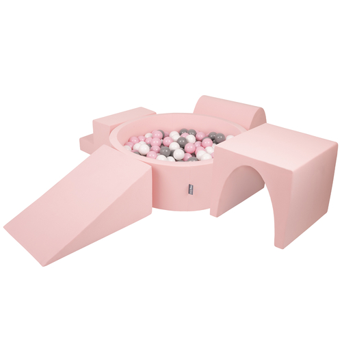 KiddyMoon Foam Playground for Kids with Round Ballpit ( ∅ 7cm/2.75In) Soft Obstacles Course and Ball Pool, Made In The EU, pink:white/grey/powder pink, Ballpit (200 Balls) + Version 3