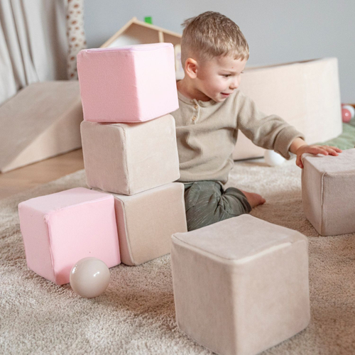 KiddyMoon Soft Foam Building Blocks for Babies & Toddlers, Washable Velvet Zip Cover, 14cm Cubes, Sensory Toy, cubes: sand beige-desert pink, 12 Pieces