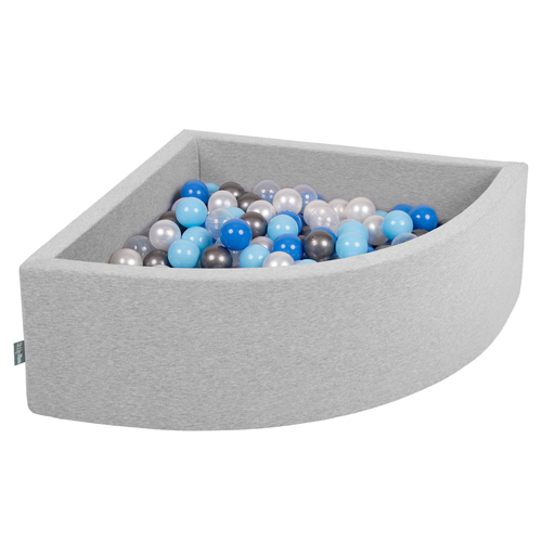 KiddyMoon Soft Ball Pit Quarter Angular ∅ 7cm / 2.75In for Kids, Foam Ball Pool Baby Playballs, Made In The EU, light grey:pearl/blue/babyblue/transparent/silver, 90 x 30 cm / 300 Balls