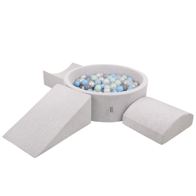 KiddyMoon Foam Playground for Kids with Round Ballpit ( ∅ 7cm/2.75In) Soft Obstacles Course and Ball Pool, Certified Made In The EU, lightgrey:pearl/grey/transparent/babyblue/mint, Ballpit (200 Balls) + Version 4