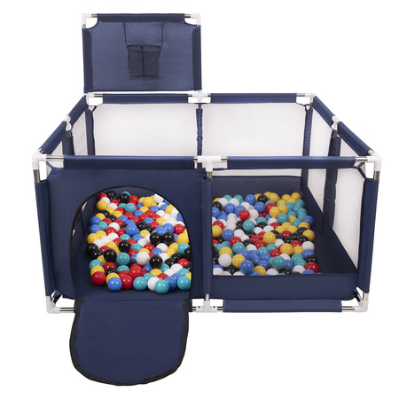 square play pen filled with plastic balls basketball, Blue:black/white/blue/red/yellow/turquoise, 400 balls