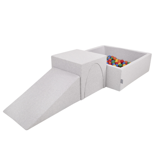 KiddyMoon Foam Playground for Kids with Square Ballpit ( ∅ 7cm/2.75In) Soft Obstacles Course and Ball Pool, Certified Made In The EU, lightgrey:yellow/green/blue/red/orange, Ballpit (200 Balls) + Version 2