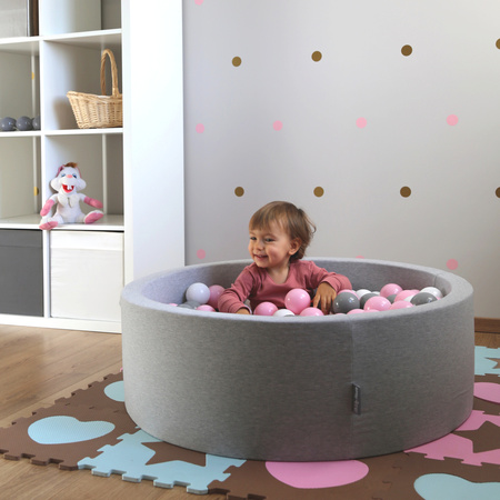 KiddyMoon Baby Foam Ball Pit with Balls ∅ 7cm / 2.75in Made in EU, light grey:grey/white/pink, 90x30cm/200 balls