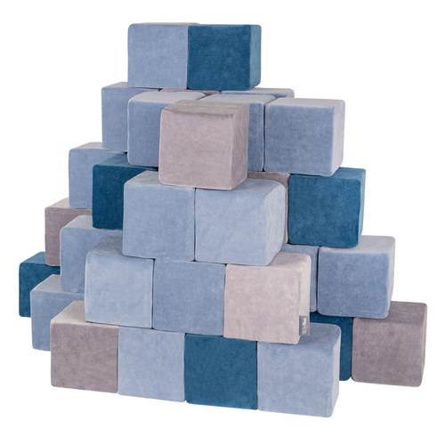 KiddyMoon velvet foam cubes for kids 14cm soft, cubes:lagoon turquoise-ice blue-grey mountains, 48 Pieces
