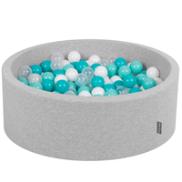 KiddyMoon Baby Foam Ball Pit with Balls ∅ 7cm / 2.75in Made in EU, light grey:lt turquoise/white/transparent/turquois, 90 x 30 cm / 300 Balls