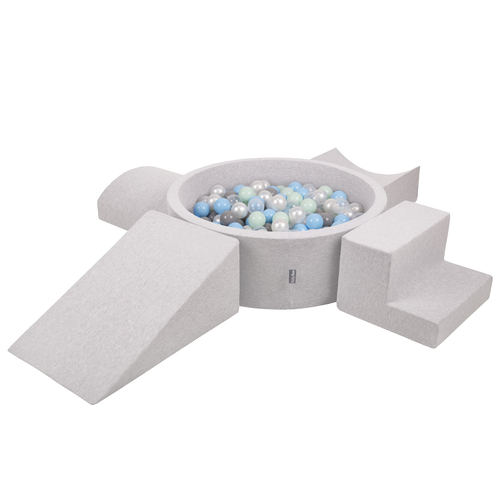 KiddyMoon Foam Playground for Kids with Round Ballpit ( ∅ 7cm/2.75In) Soft Obstacles Course and Ball Pool, Certified Made In The EU, lightgrey:pearl/grey/transparent/babyblue/mint, Ballpit (200 Balls) + Version 5