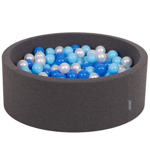KiddyMoon Baby Foam Ball Pit with Balls ∅ 7cm / 2.75in Made in EU, dark grey: baby blue/blue/pearl, 90 x 30 cm / 300 Balls
