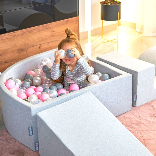 KiddyMoon Foam Playground for Kids with Quarter Angular Ballpit and Balls, lightgrey:pearl/grey/transparent/babyblue/mint, Ballpit (200 Balls) + Wedge
