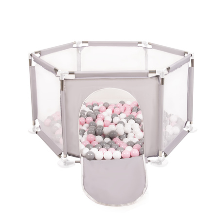 hexagon 6 side play pen with plastic balls, Grey:white/grey/powder pink, 200 balls