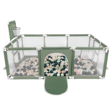 Baby Playpen Big Size Playground with Plastic Balls for Kids, green:dark turquoise/pastel beige/white/mint, 100 balls