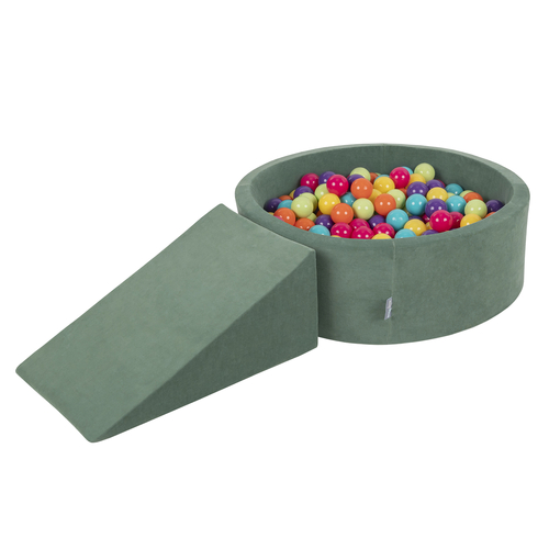 KiddyMoon Foam Playground Velvet for Kids with Round Ball pit ( ∅ 7cm/2.75In) Soft Obstacles Course and Ball Pool, Certified Made In The EU, forest green:light green/yellow/turquoise/orange/dark pink/purple, Ballpit (200 Balls) + Wedge