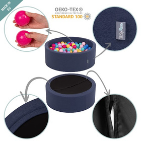 KiddyMoon Baby Foam Ball Pit with Balls ∅ 7cm / 2.75in Square Made in EU, dark blue:bablyblue/blue/pearl, 90x30cm/300 balls