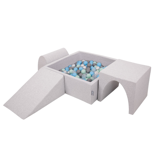 KiddyMoon Foam Playground for Kids with Square Ballpit ( ∅ 7cm/2.75In) Soft Obstacles Course and Ball Pool, Certified Made In The EU, lightgrey:pearl/grey/transparent/babyblue/mint, Ballpit (300 Balls) + Version 2