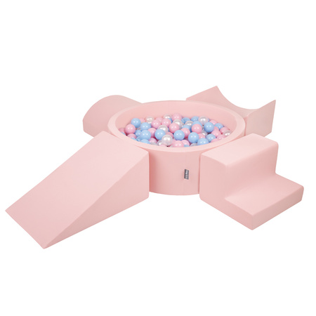 KiddyMoon Foam Playground for Kids with Round Ballpit ( ∅ 7cm/2.75In) Soft Obstacles Course and Ball Pool, Certified Made In The EU, pink:babyblue/powder pink/pearl, Ballpit (200 Balls) + Version 5