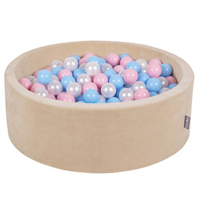 KiddyMoon Soft Ball Pit Round 7cm / 2.75In for Kids, Foam Velvet Ball Pool Baby Playballs, sand beige:babyblue/light pink/pearl, 90x30cm/200 balls