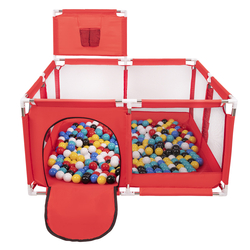 square play pen filled with plastic balls basketball, Red:black/white/blue/red/yellow/turquoise, 100 balls