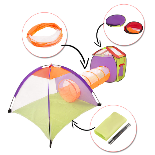 3in1 Play Tent with Tunnel Playground Ball Pit with Balls for Kids, Multicolour:grey/white/turquoise, 200 balls