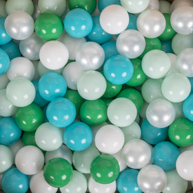KiddyMoon Soft Plastic Play Balls ∅ 6cm / 2.36 Multi Colour Made in EU, turquoise/white/pearl/green/mint, 50 Balls/6cm-2.36in