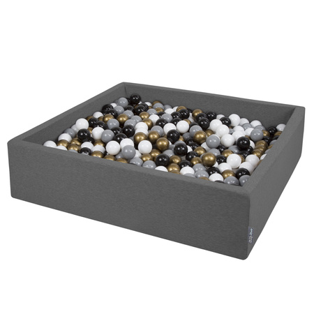 KiddyMoon Soft Ball Pit Square  ∅ 7Cm / 2.75In For Kids, Foam Ball Pool Baby Playballs Children, Made In The EU, dark grey:white-grey-black-gold, 120x30cm/1000 balls