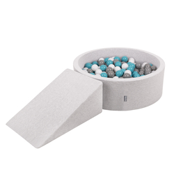 KiddyMoon Foam Playground for Kids with Round Ballpit ( ∅ 7cm/2.75In) Soft Obstacles Course and Ball Pool, Certified Made In The EU, lightgrey:grey/white/turquoise, Ballpit (100 Balls) + Wedge