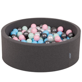 KiddyMoon Baby Foam Ball Pit with Balls ∅ 7cm / 2.75in Made in EU, dark grey:pearl/light pink/baby blue/mint/silver, 90x30cm/200 balls