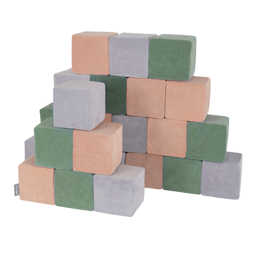 KiddyMoon velvet foam cubes for kids 14cm soft, cubes:forest green-desert pink- grey mountains, 24 Pieces