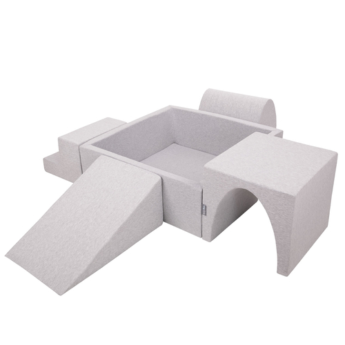 KiddyMoon Foam Playground for Kids with Square Ball pit ( ∅ 7cm/2.75In) Soft Obstacles Course and Ball Pool, Certified Made In The EU, lightgrey:pearl/grey/transparent/babyblue/mint, Ballpit (200 Balls) + Version 3
