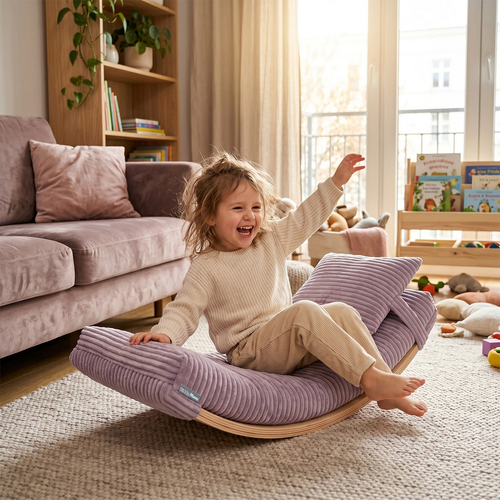 KiddyMoon Balance Board for Kids with Mattress and Pillow Wooden Sensory Wobble Board, natural/purple, Balance Board/Mattress/Pillow