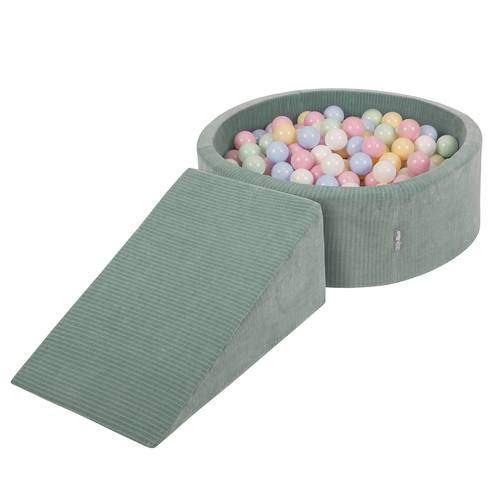 KiddyMoon Foam Playground For Kids Soft Textured Safe Blocks, green: pastel blue/pastel yellow/white/mint/powder pink, Ballpit (200 Balls) + Wedge