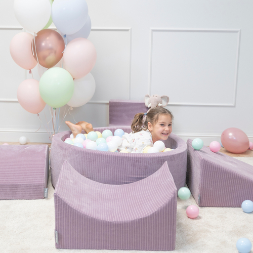 KiddyMoon Foam Ball Pit For Kids Round 90x30cm Baby Soft & Safe Toy, purple: white/grey/mint, 90 x 30 cm / 300 Balls