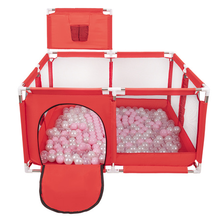 square play pen filled with plastic balls basketball, Red:light pink/pearl/transparent, 200 balls