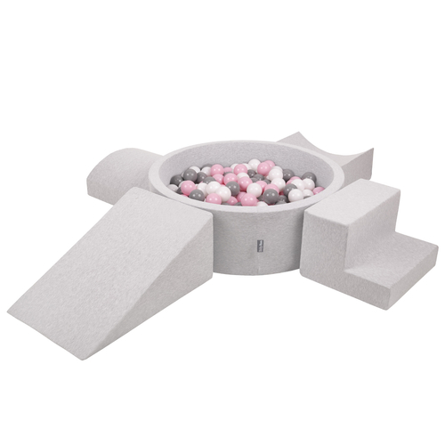 KiddyMoon Foam Playground for Kids with Round Ballpit ( ∅ 7cm/2.75In) Soft Obstacles Course and Ball Pool, Made In The EU, lightgrey:white/grey/powderpink, Ballpit (200 Balls) + Version 5