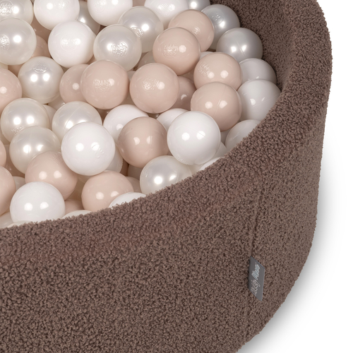 KiddyMoon Ball Pit for Baby with Teddy Plush, Large 7 cm Balls for a Fuller Ball Pit, From 8 Months, Removable Cover, Brown: Pastel Beige/White/Pearl, 90 x 30 cm / 200 Balls