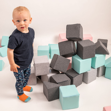 KiddyMoon Soft Foam Cubes Building Blocks 14cm for Children Multifunctional Foam Construction Montessori Toy for Babies, Certified Made in The EU, mix: light grey-dark grey-pink-mint, 24 Pieces