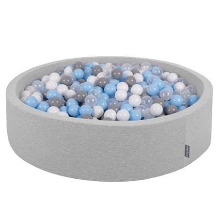 KiddyMoon Soft Ball Pit Round  ∅ 7Cm / 2.75In For Kids, Foam Ball Pool Baby Playballs Children, Made In The EU, light grey:grey/white/transparent/babyblue, 120x30cm/1000 balls