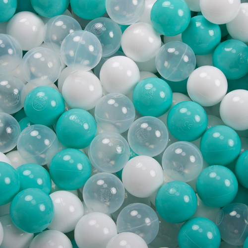 KiddyMoon Soft Plastic Play Balls ∅ 7cm/2.75in Multi-colour Made in EU, light turquoise/white/transparent, 100 Balls/7cm-2.75in
