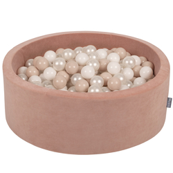 KiddyMoon Soft Ball Pit Round ∅ 7cm / 2.75In for Kids, Foam Velvet Ball Pool Baby Playballs, Made In The EU, desert pink:pastel beige/white/pearl, 90x30cm/200 balls