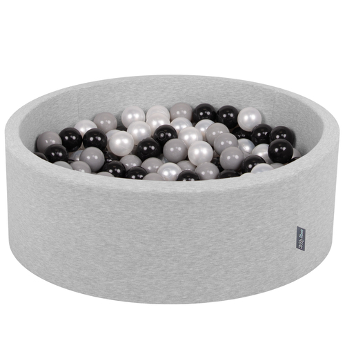 KiddyMoon Baby Foam Ball Pit with Balls ∅ 7cm / 2.75in Made in EU, light grey:black/grey/pearl, 90x30cm/200 balls