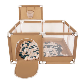 square play pen filled with plastic balls basketball, beige:dark turquoise/pastel beige/pearl, 100 balls