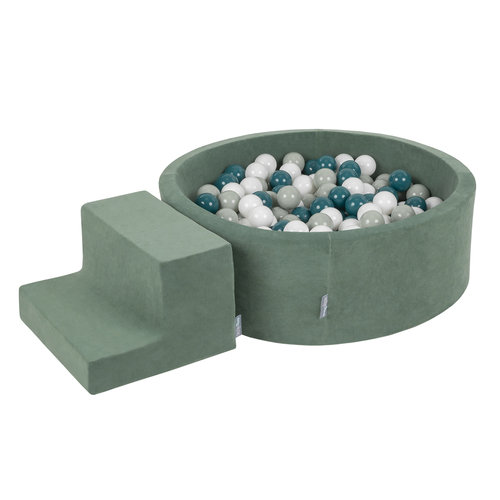 KiddyMoon Foam Playground Velvet for Kids with Round Ball pit (∅ 7cm/2.75In) Soft Obstacles Course and Ball Pool, Certified Made In The EU, forest green:dark turquoise/greygreen/white, Ballpit (200 Balls) + Steps