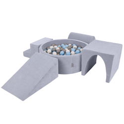 KiddyMoon Foam Playground For Kids Soft Textured Safe Blocks, dark grey: grey/white/baby blue, Ballpit (200 Balls) + Version 3
