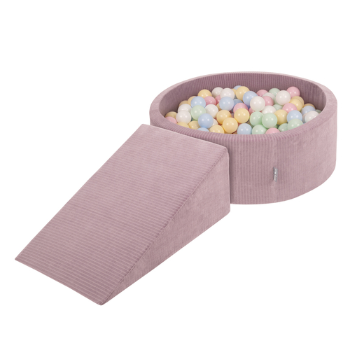 KiddyMoon Foam Playground For Kids Soft Textured Safe Blocks, purple: pastel blue/pastel yellow/white/mint/powder pink, Ballpit (100 Balls) + Wedge